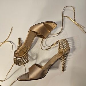 Rene Caovilla rare champagne satin sandals with gold spiral heel, IT38 NWB